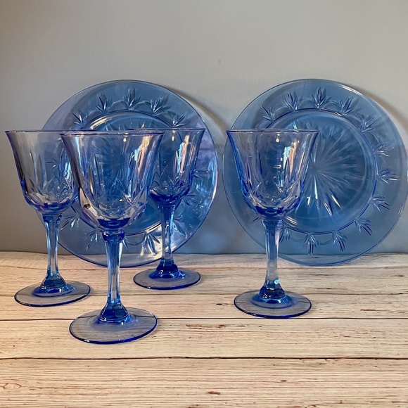 🌟VINTAGE🌟 1980s Avon + Fostoria American Starburst Plates + Glasses Set of 8 - Picture 2 of 10